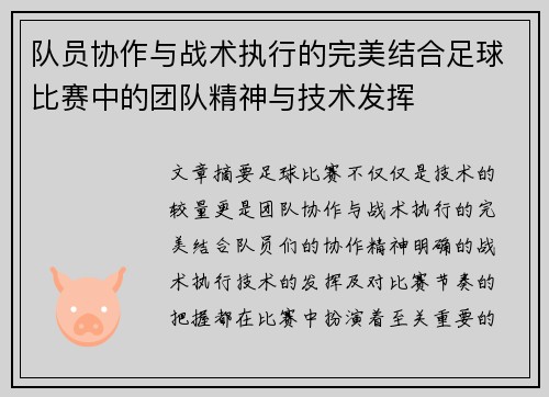 队员协作与战术执行的完美结合足球比赛中的团队精神与技术发挥