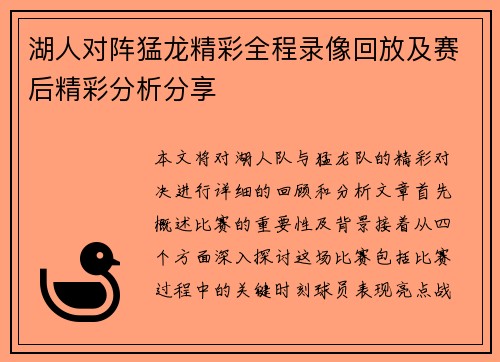 湖人对阵猛龙精彩全程录像回放及赛后精彩分析分享