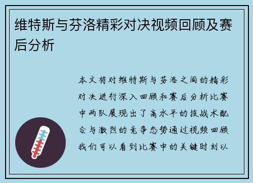 维特斯与芬洛精彩对决视频回顾及赛后分析