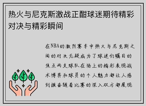 热火与尼克斯激战正酣球迷期待精彩对决与精彩瞬间