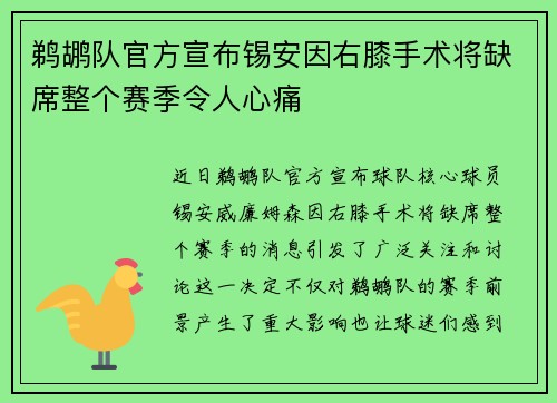 鹈鹕队官方宣布锡安因右膝手术将缺席整个赛季令人心痛