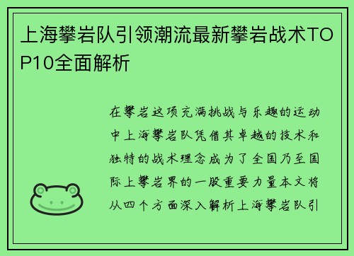 上海攀岩队引领潮流最新攀岩战术TOP10全面解析